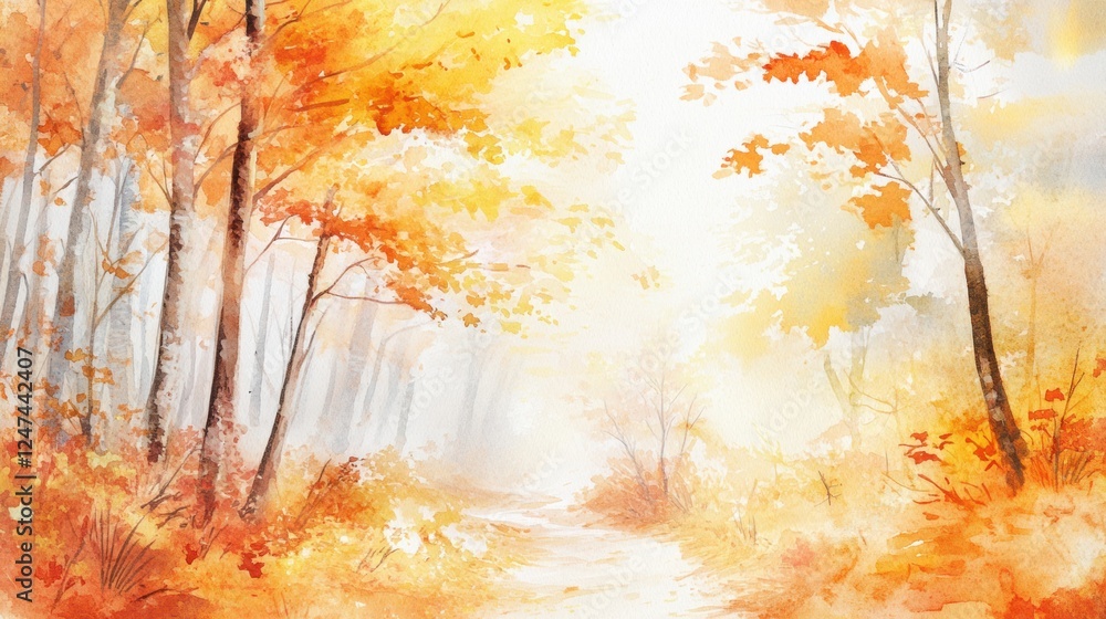 Poster vibrant fall landscape with golden leaves and soft mist in a tranquil woodland setting. generative a