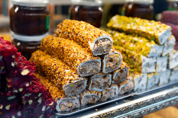 Turkish delight of various varieties on showcase. Turkish delight