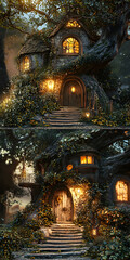 Whimsical Cottage: A Glowing Fantasy Home with Wooden Doors, Overgrown Vines, and Inviting Evening Light in a Charming, Serene Landscape Full of Nature's Artistic Touches and Mystical Adventures