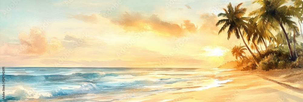 Aufkleber warm sunset glow over calm ocean waves with palm trees framing a tranquil beach scene. generative ai