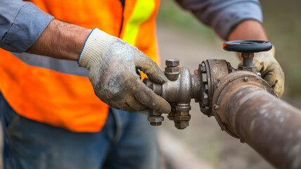 Technician adjusts aged gas pipe valve in expansive industrial field while ensuring safety with high-visibility vest