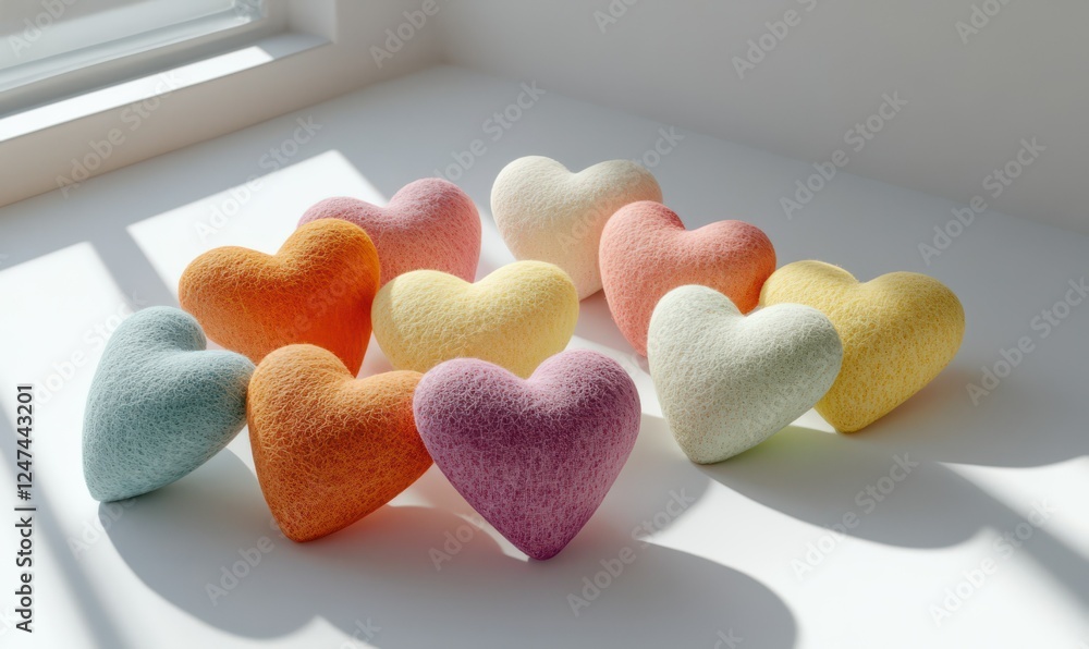 Poster beautiful arrangement of colorful hearts made of felt, placed on a clean white background with soft 