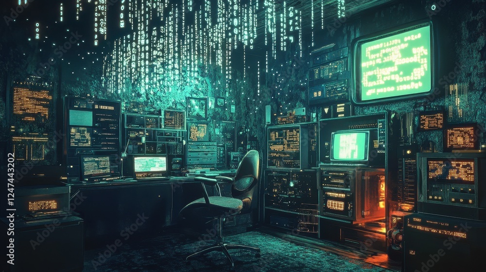 Poster a hacker den filled with old computers and digital rain