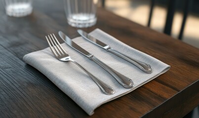 Elegant silver fork and knife resting on a crisp linen napkin, styled on a dark wooden table for a refined and classic dining aesthetic