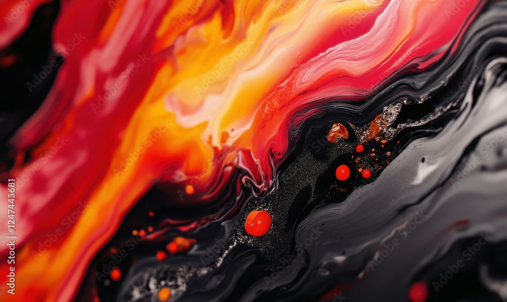 Poster bold abstract painting with deep red, orange, and black strokes, creating an intense and dynamic com