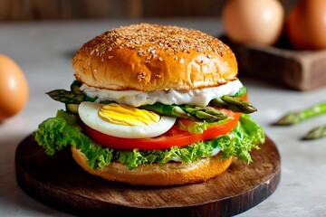 Gourmet burger topped with fresh vegetables and egg in a rustic kitchen setting