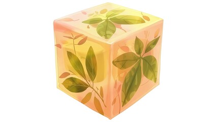a cube-shaped box with plants and leaves on it