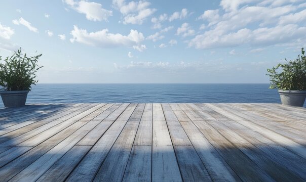 Empty wooden deck with a clear blue sky and calm ocean beyond, inviting serenity and relaxation
