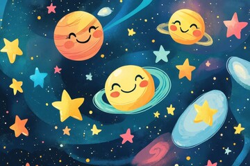 Cartoon planets and stars float in colorful space scene