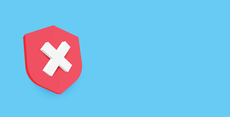 Fototapeta premium Red shield with a white cross symbolizing protection and security against threats on a blue background. Banner design. Vector illustration.