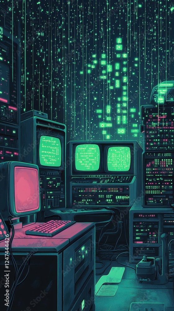 Poster an old school computing room with matrix style visuals