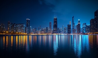 Fototapeta premium City skyline reflects beautifully on calm water during nighttime.