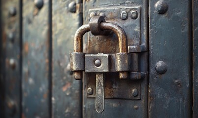 Fototapeta premium A metal padlock secures a weathered, riveted blue door tightly.