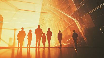 Fototapeta premium Group of business people silhouettes in modern office building and business network concept. Human resources with pastel innovation charts and graphs with statistics to analyze business 