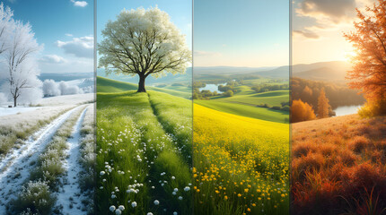 Four Seasons Landscape: Winter Snow, Spring Blossoms, Summer Fields, Autumn Colors - Scenic Nature Photography of Seasonal Changes and Beauty