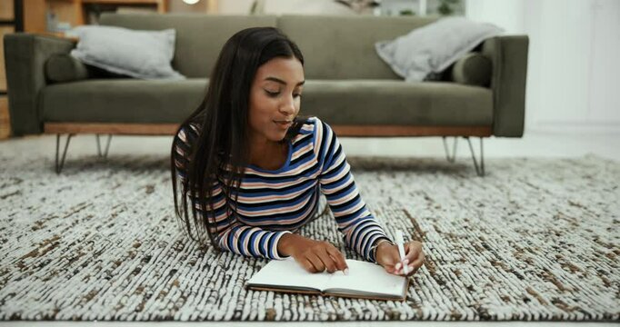 Home, thinking or Indian woman with diary, journal and reflection with creative ideas for writing story. Writer, inspiration or author planning for study, schedule or brainstorming with notes in book