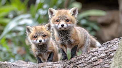 Two red fox kits on log, lush green background, wildlife