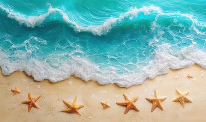 Bright turquoise ocean waves washing onto a sandy beach with starfish scattered along the shoreline, evoking tropical serenity