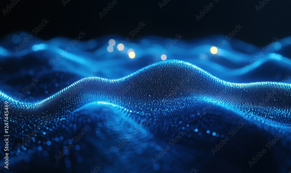 Poster abstract network of luminous blue particles interconnected by glowing lines, suspended in a futurist