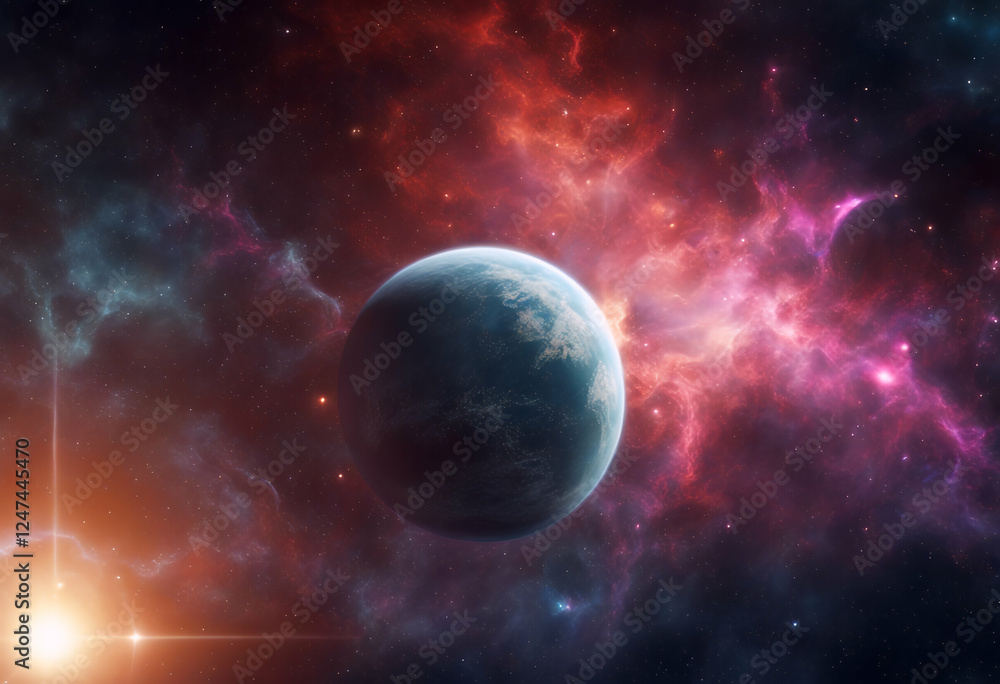 Wall mural rendering planet 3d furnished trail space elements colorful nebula two scene universe star sun astro