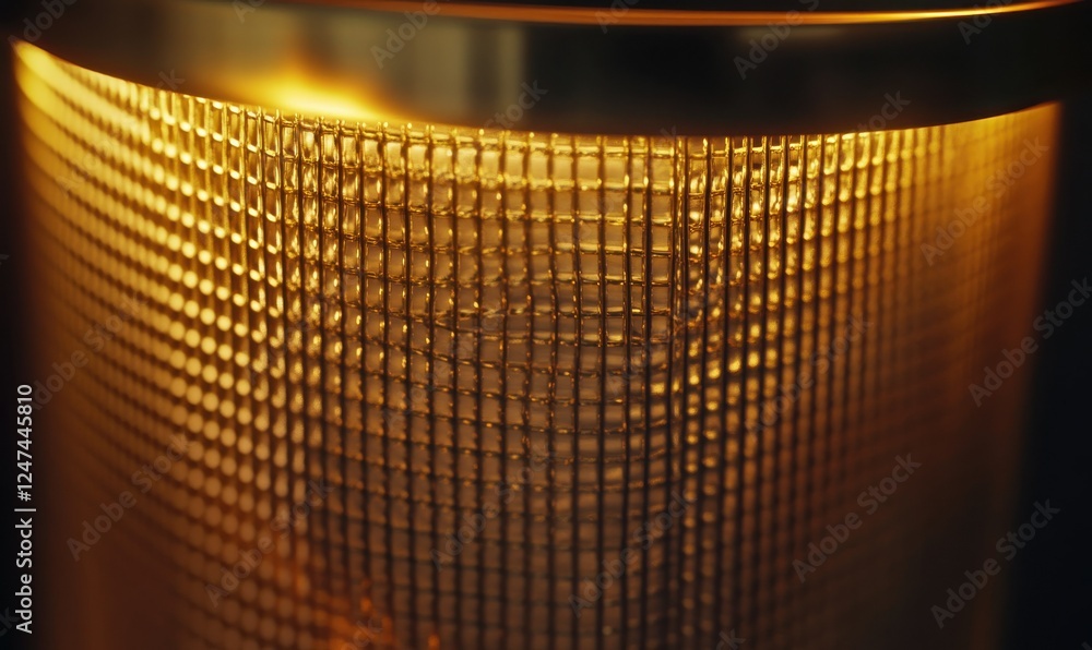 Poster air filter illuminated with golden light, capturing fine particles and showcasing its efficiency in 