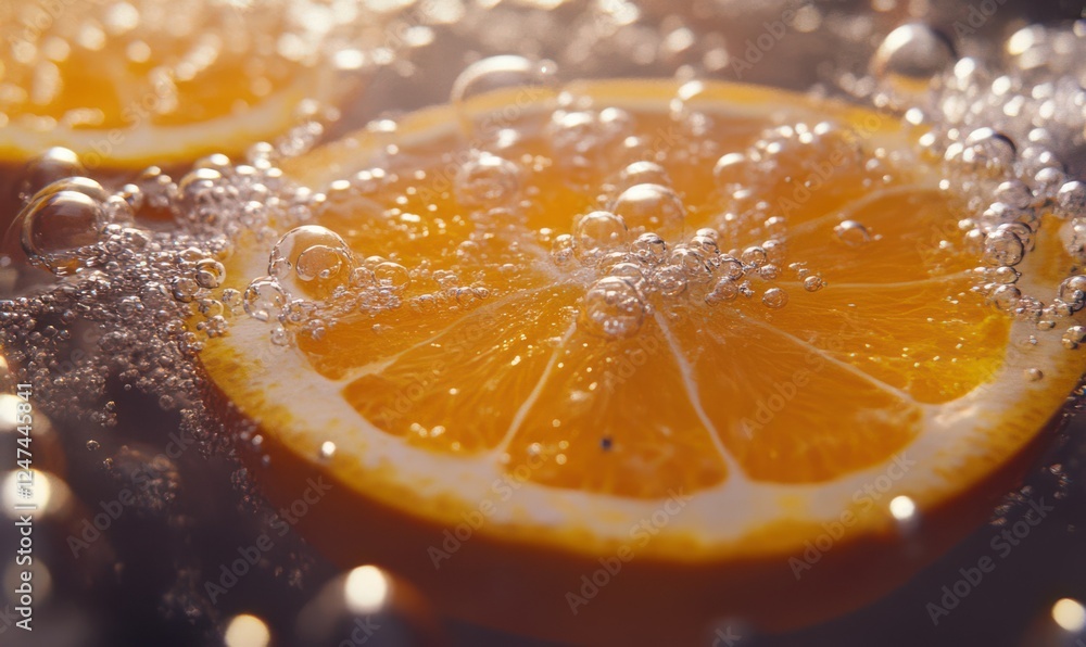Poster fresh orange slices submerged in sparkling water with bubbles clinging to their surface, creating a 
