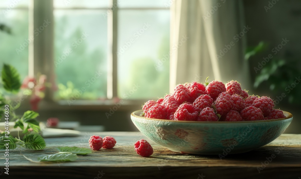 Poster artful display of freshly picked red raspberries on a rustic table, their deep colors and texture hi
