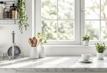 Bright modern kitchen windowsill with white marble countertop, morning sunlight, houseplants, and kitchenware. Clean minimal home interior with natural light and decorative elements