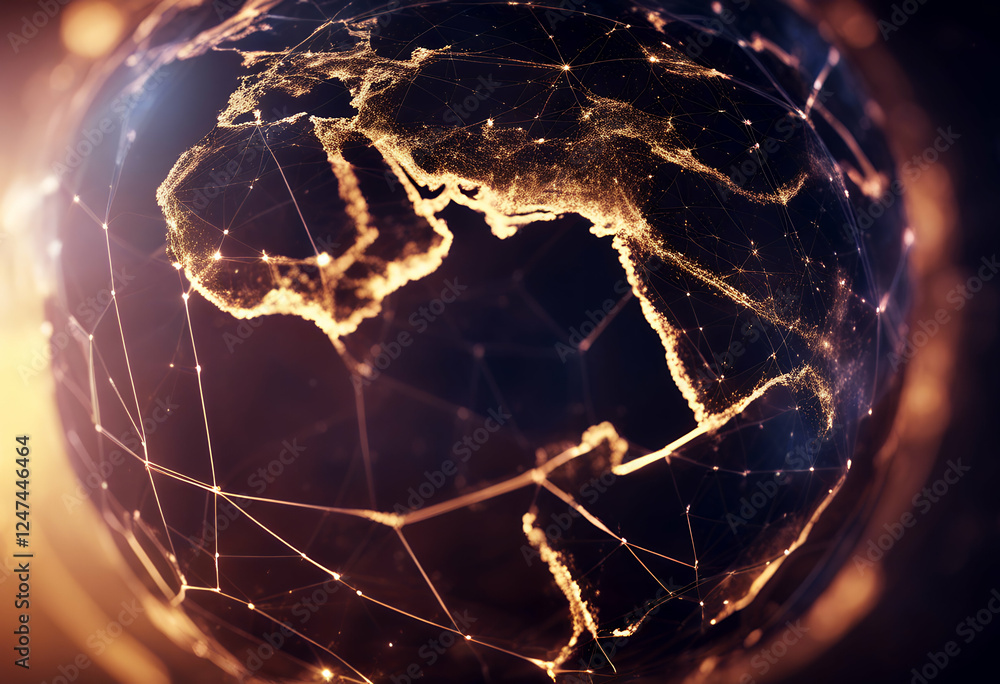 Poster particles rendering connected 3d continent lines digital virtual forming plexus world dots technolog