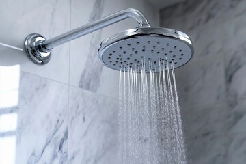 Refreshing water cascades from a sleek showerhead in a modern bathroom