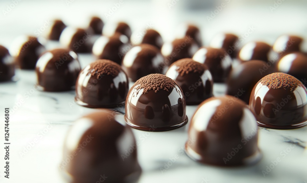Aufkleber glossy chocolate truffles with a mix of cocoa dusting and smooth textures, arranged elegantly on a m