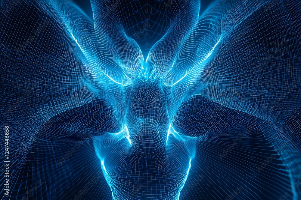 Aufkleber abstract technology blue wire network with futuristic wireframe data visualization, featuring lighti