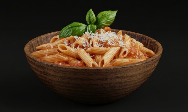 Classic penne pasta with marinara sauce, garnished with fresh basil and grated parmesan, served in a rustic bowl for Italian culinary flair