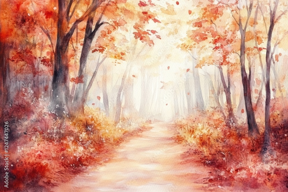 Poster watercolor illustration of a serene autumn pathway surrounded by colorful fall foliage. generative a