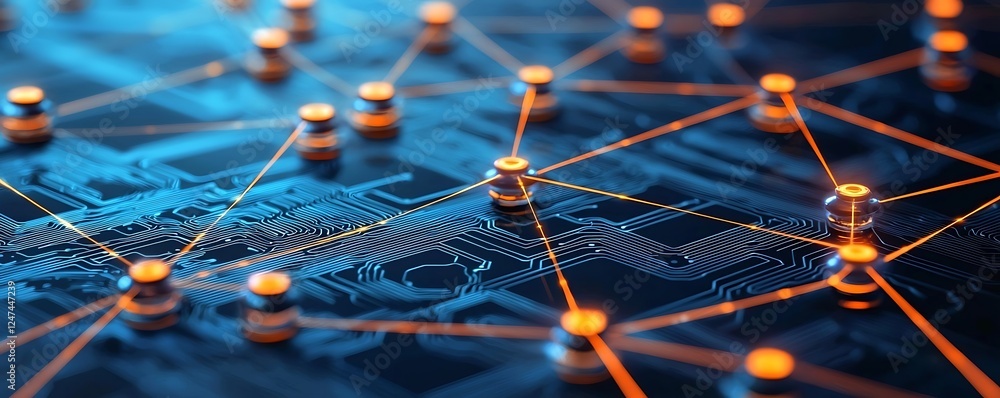 Poster abstract technology circuit board and communication concept, showcasing digital network connectivity