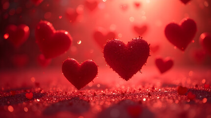 Valentine's Day Red Hearts Background: Romantic Love, Festive Holiday Celebration, Bokeh Lights, Glittering Texture, Abstract Art, Valentine's Card Design, Wallpaper