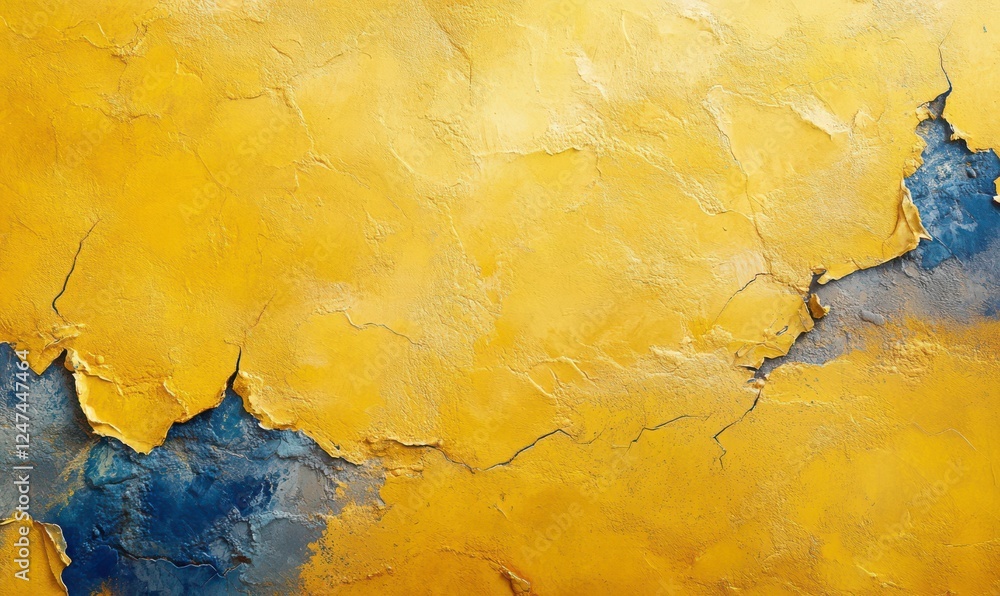 Poster close-up of a textured yellow wall with patches of blue and gray weathering, creating an abstract an