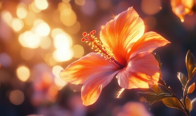 Close-up of a vibrant orange hibiscus flower against a blurred natural backdrop, illuminated by warm light, evoking tropical elegance