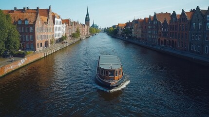 Obraz premium A boat navigates a serene canal lined with historic buildings and trees.