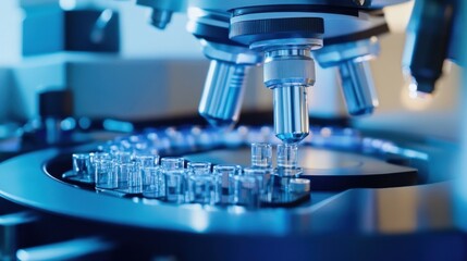 Close up view of a high tech laboratory instrument analyzing multiple samples. The focus is on precision and innovation in scientific research and development