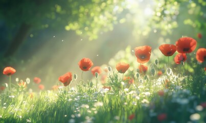 Blooming red poppies in a sunlit meadow, petals glowing vividly against the soft greens of the background
