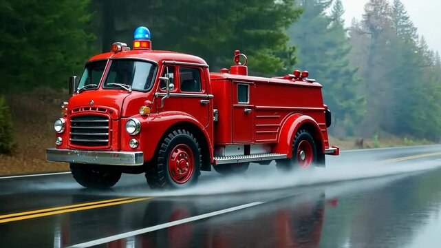 A red fire truck rushes down the road. It's rainy weather. The street.