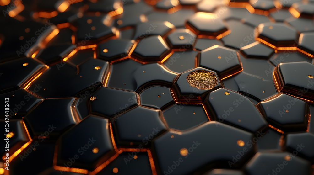 Poster abstract black hexagon pattern with glowing orange cracks: modern tech background, futuristic honeyc