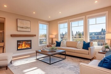 Cozy living room adorned with natural light and a warm fireplace in a modern home