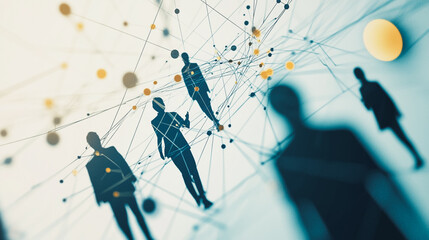 Group of business people silhouettes in modern office building and business network concept. Human resources with pastel innovation charts and graphs with statistics to analyze business	