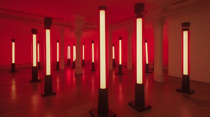 Red Light Installation In A Columned Room