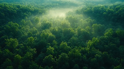 Aerial view of misty forest at sunrise, nature background