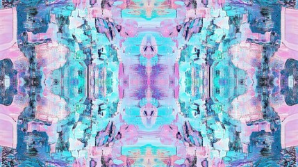 A vibrant abstract design featuring symmetrical patterns in blue, pink, and purple hues.