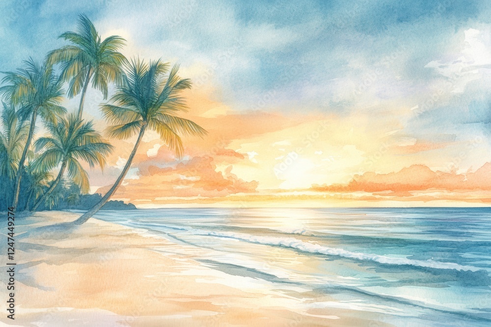 Poster peaceful sunset over a serene beach with palm trees swaying in the warm ocean breeze. generative ai