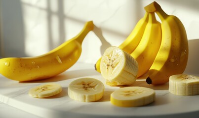 Juicy bananas with perfectly yellow skins, some sliced into bite-sized pieces and presented on a clean white table, showcasing healthy snacks
